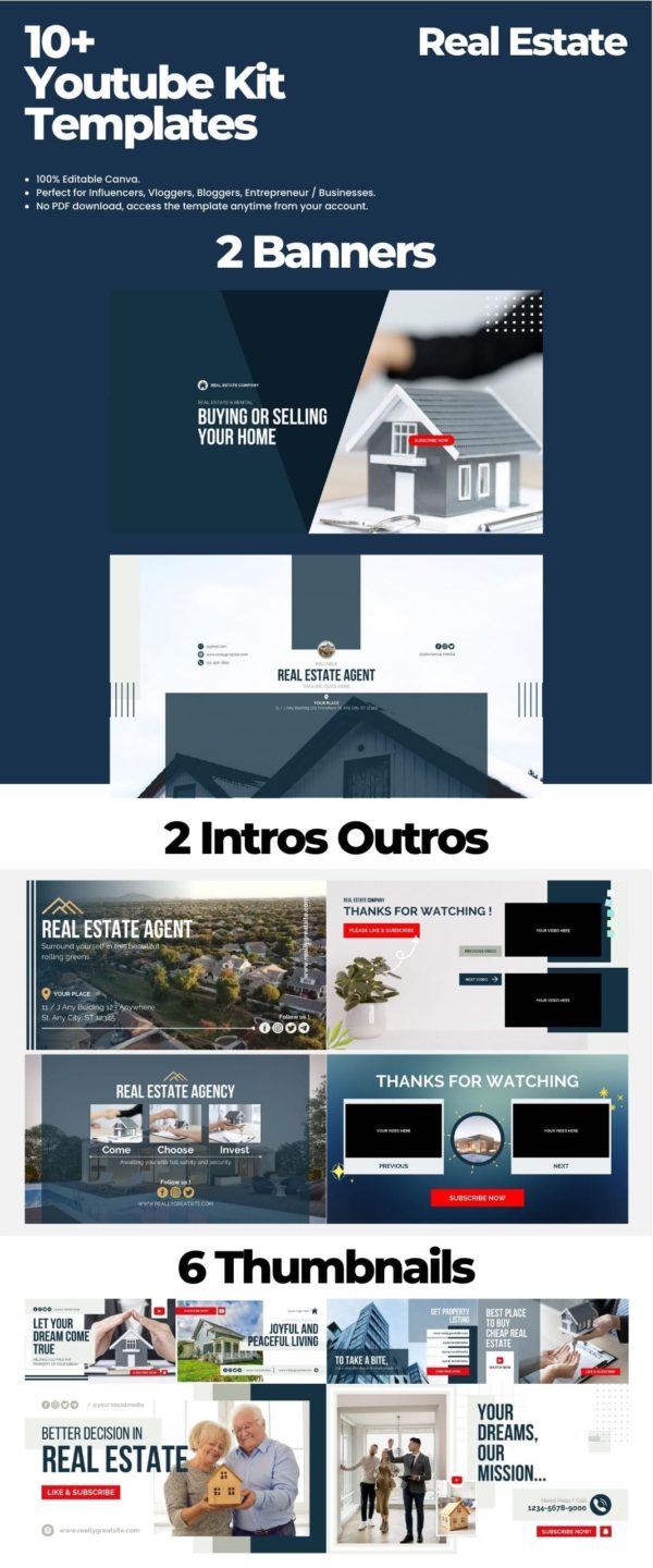 clean youtube kit template canva for real estate